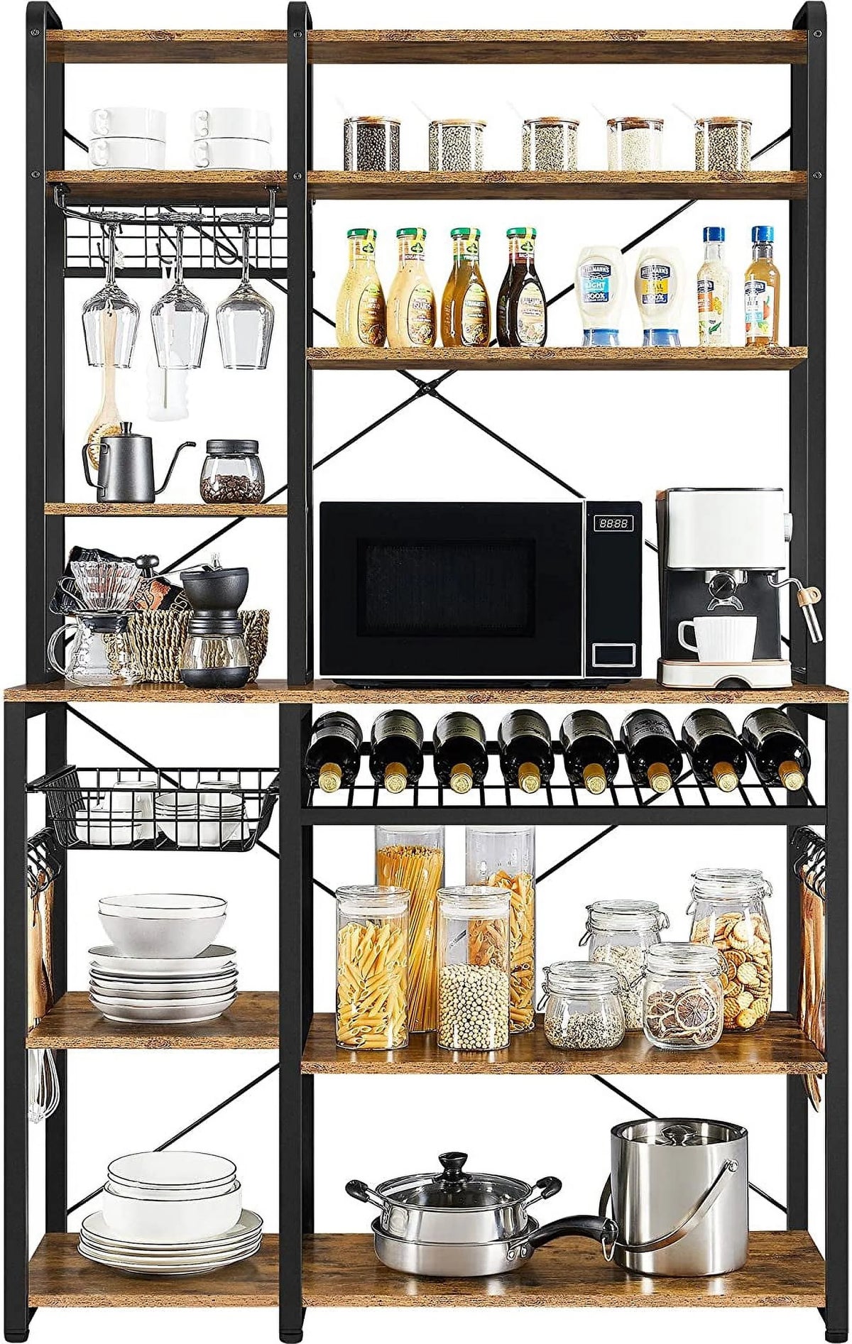 Wooden Kitchen Bakers Rack with Wine Rack and 12 Hooks B26592