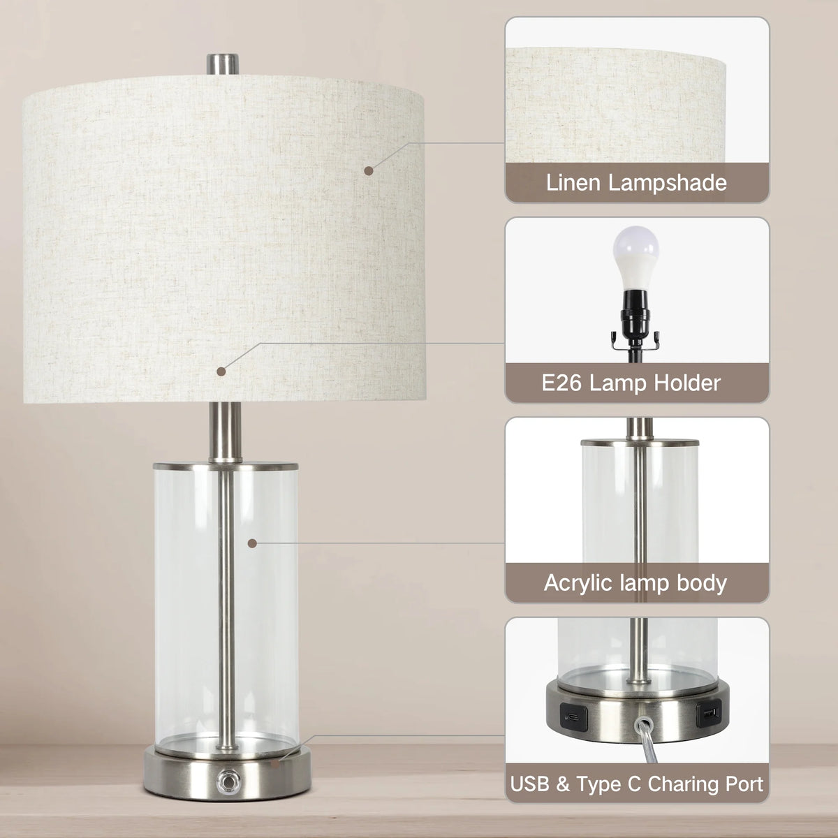 21.5" Modern Table Lamps Set of 2, 3 Way Dimmable Touch Lamps with USB C+A M639574