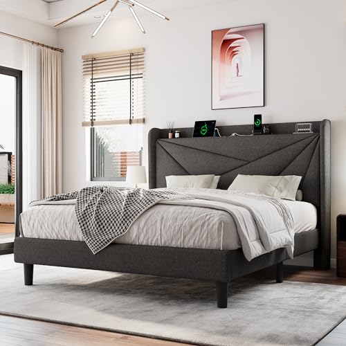 White Full Size Upholstered Platform Bed Frame with Storage Headboard U446528