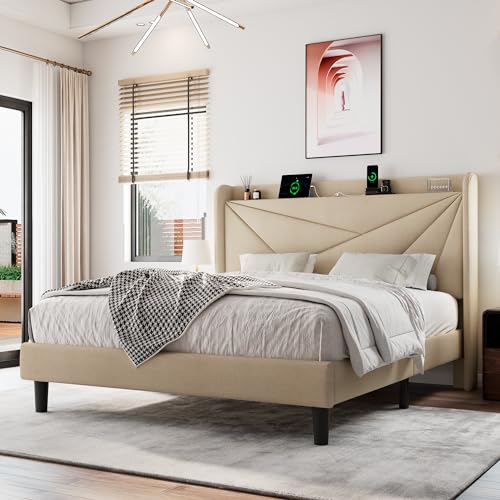 White Full Size Upholstered Platform Bed Frame with Storage Headboard U446528