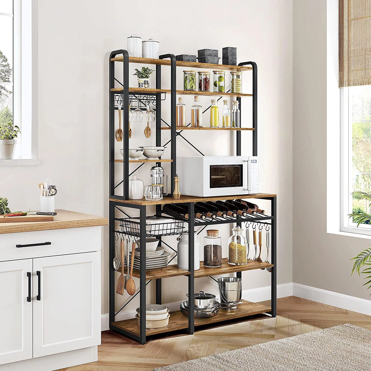 Wooden Kitchen Bakers Rack with Wine Rack and 12 Hooks B26592