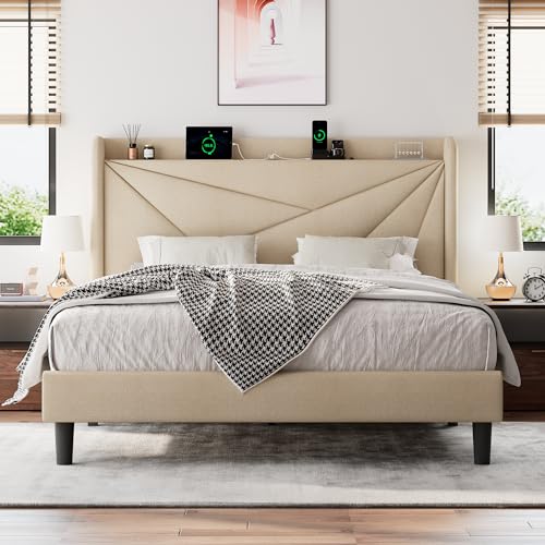 White Full Size Upholstered Platform Bed Frame with Storage Headboard U446528