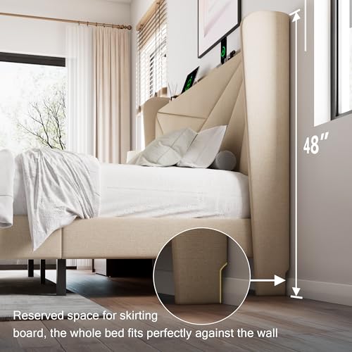 White Full Size Upholstered Platform Bed Frame with Storage Headboard U446528