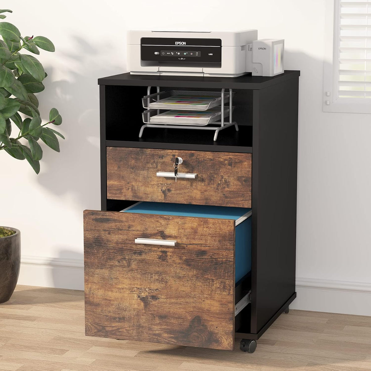 2 Drawer Wood Mobile File Cabinet with Lock L9849