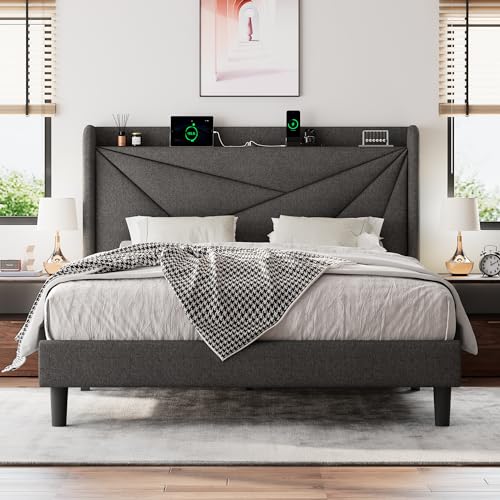 White Full Size Upholstered Platform Bed Frame with Storage Headboard U446528