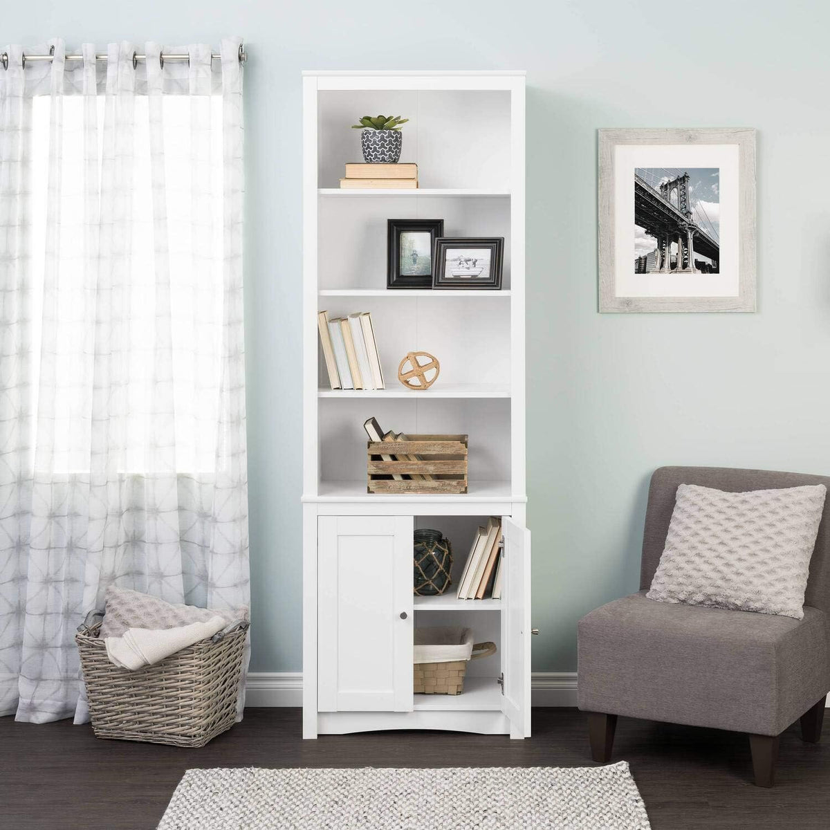 White Tall Bookcase with 2 Doors E436