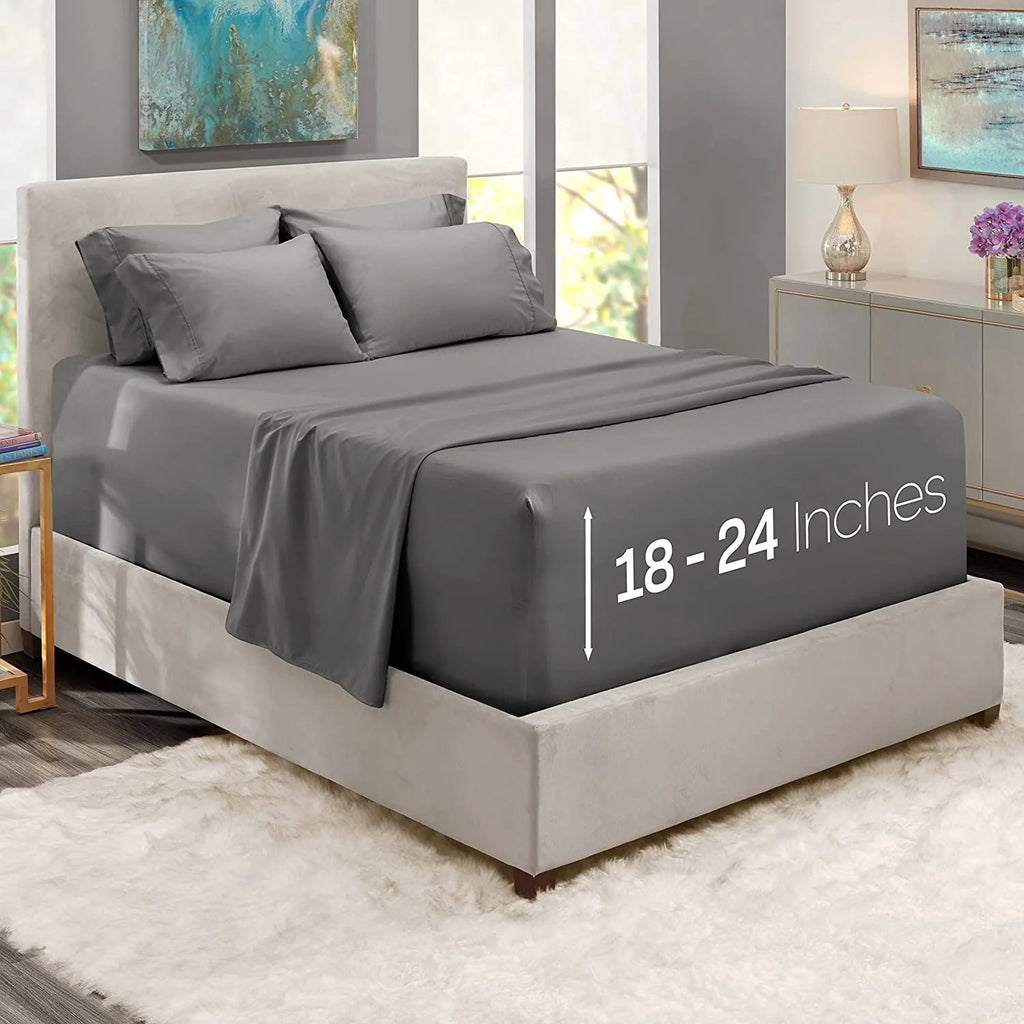 6 Piece Deep Pocket Microfiber Bed Sheet Set King Gray O66935