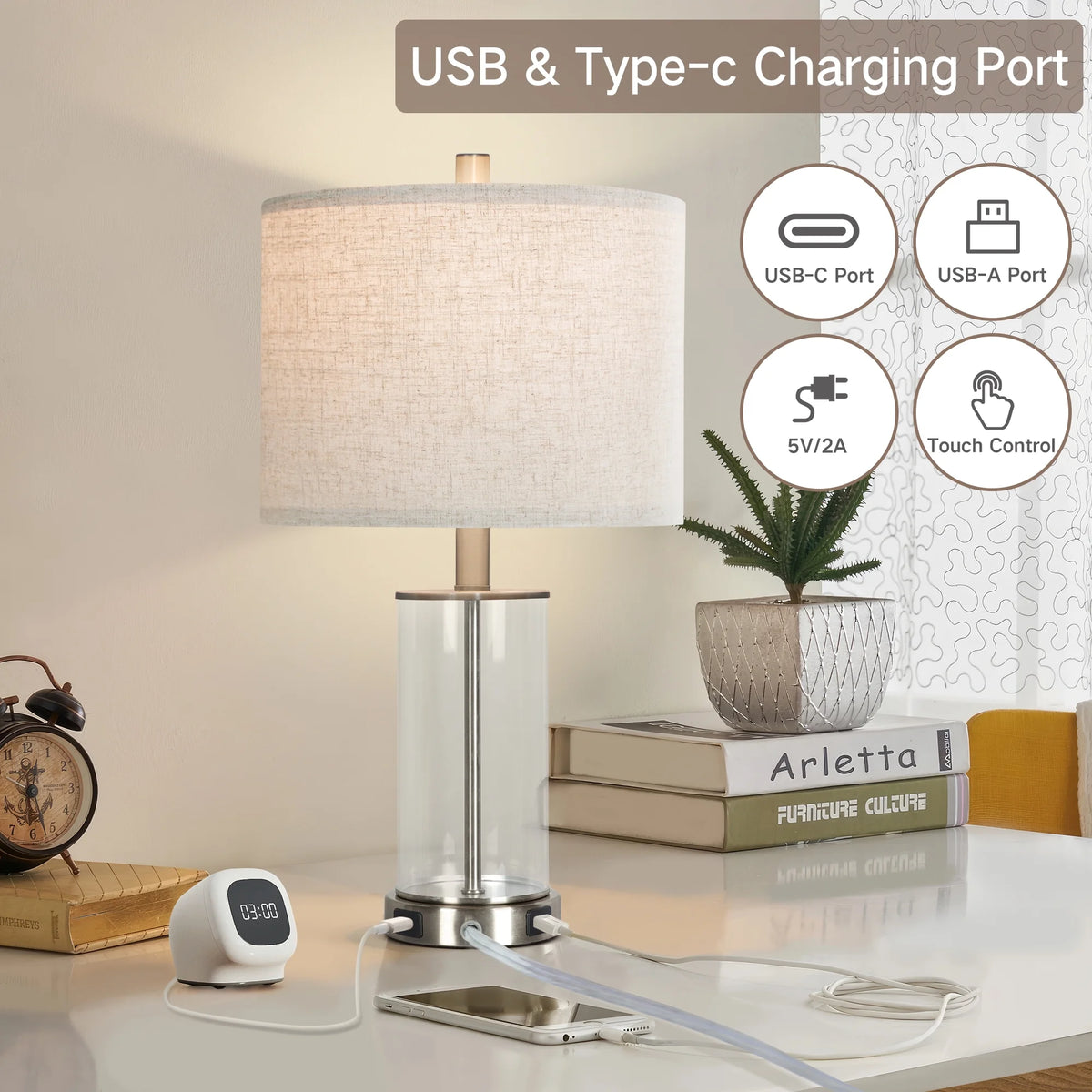 21.5" Modern Table Lamps Set of 2, 3 Way Dimmable Touch Lamps with USB C+A M639574