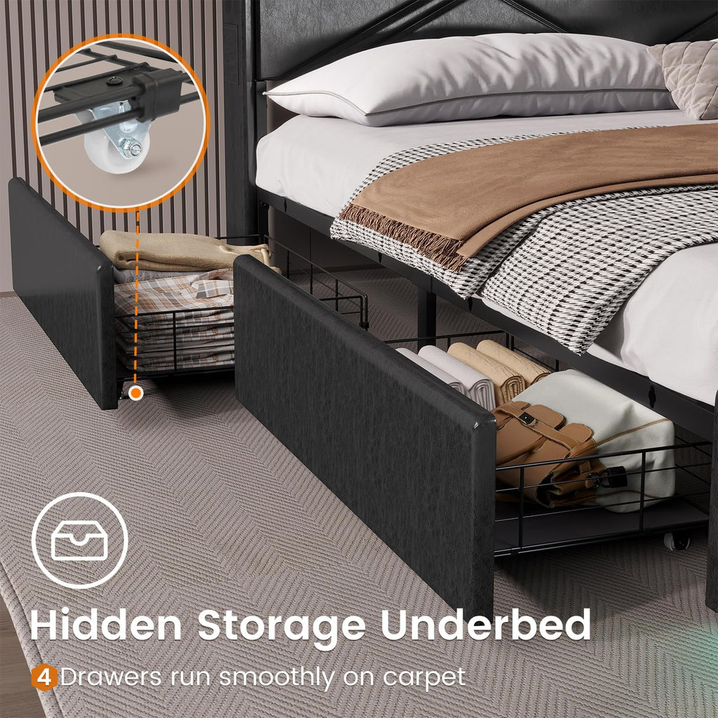 Queen Size Upholstered Platform Bed with 4 Storage Drawers V896670