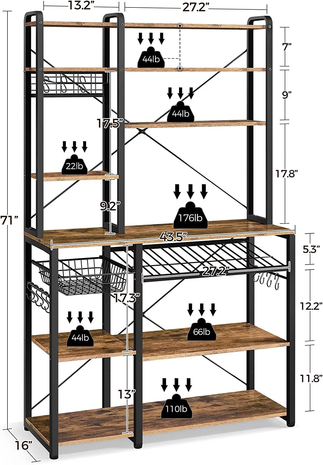 Wooden Kitchen Bakers Rack with Wine Rack and 12 Hooks B26592